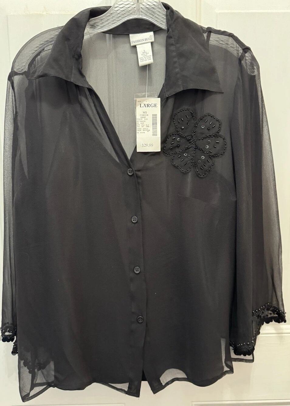 Fashion Bug 2pc Silk Blouse Size L Black Sheer Beaded Flower Satiny Camisol NWT